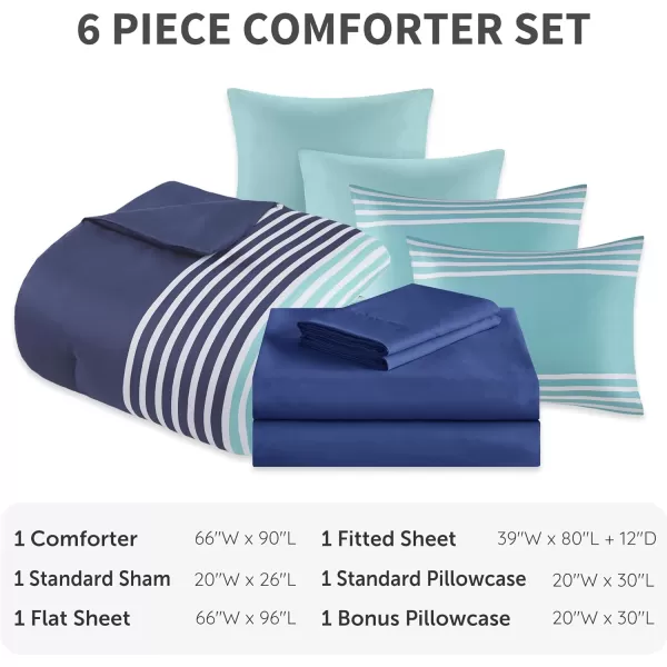 Comfort Spaces Comforter Sets with Sheets  Bed in a Bag 9 Pieces Teen Bedding Sets  Red and Grey Stripes Bedding Full College Full Bed Set with 2 Side Pockets Bedroom OrganizerNavy
