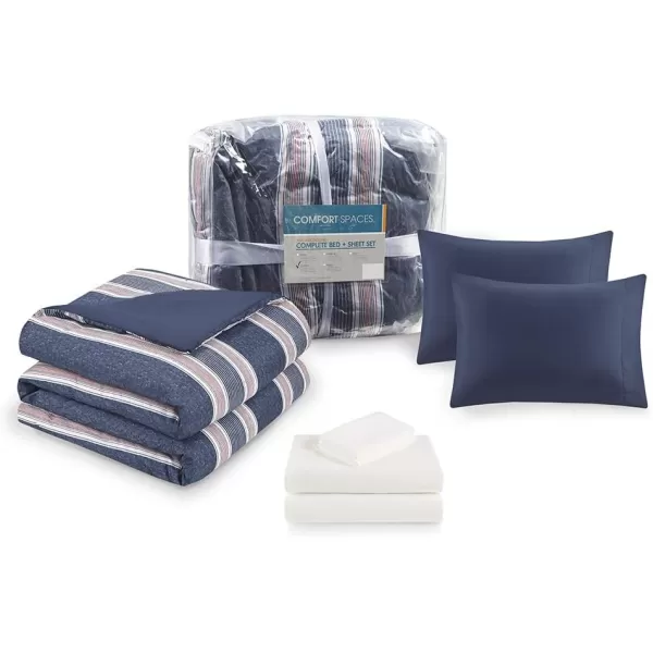 Comfort Spaces Comforter Sets with Sheets  Bed in a Bag 9 Pieces Teen Bedding Sets  Red and Grey Stripes Bedding Full College Full Bed Set with 2 Side Pockets Bedroom OrganizerNavyRed