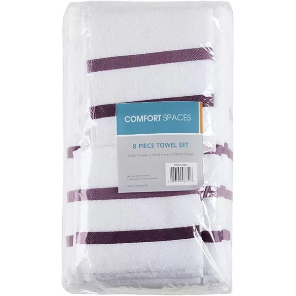 Comfort Spaces Cotton 8 Piece Bath Towel Set Striped Ultra Soft Hotel Quality Quick Dry Absorbent Bathroom Shower Hand Face Washcloths MultiSizes Zero Twist Grey 8 PiecePurple