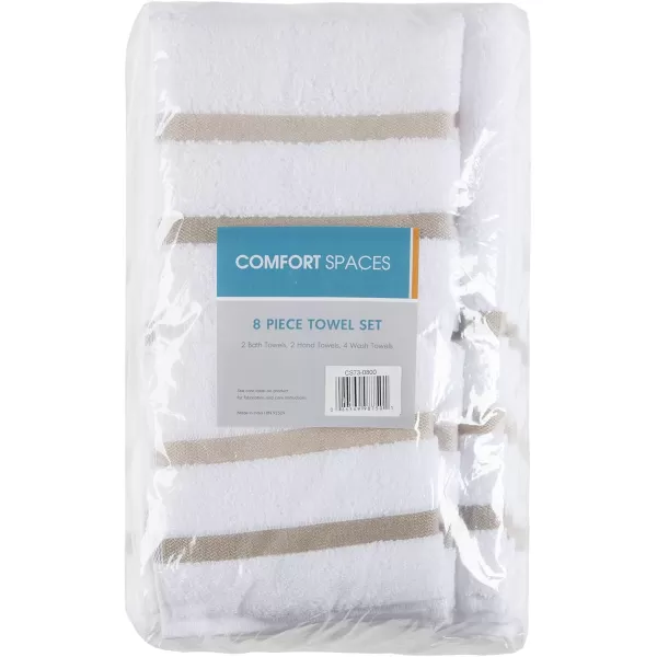 Comfort Spaces Cotton 8 Piece Bath Towel Set Striped Ultra Soft Hotel Quality Quick Dry Absorbent Bathroom Shower Hand Face Washcloths MultiSizes Zero Twist Aqua 8 PieceTaupe