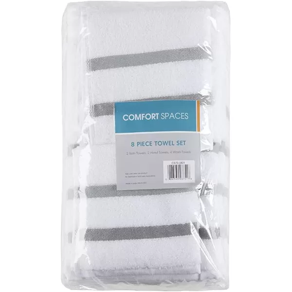 Comfort Spaces Cotton 8 Piece Bath Towel Set Striped Ultra Soft Hotel Quality Quick Dry Absorbent Bathroom Shower Hand Face Washcloths MultiSizes Zero Twist Grey 8 PieceGray