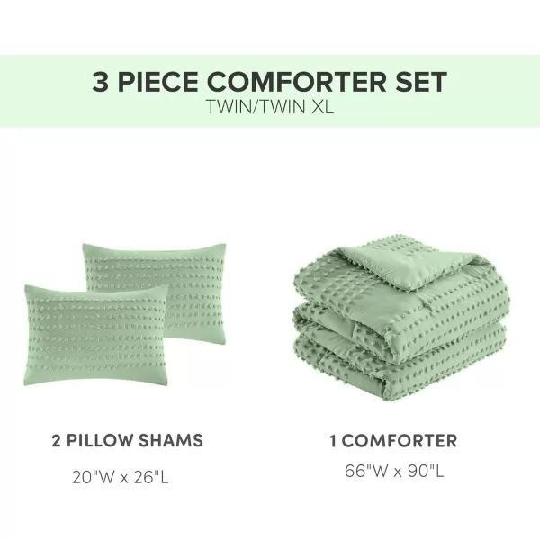 Comfort Spaces Cotton Comforter Set Jacquard PomPom Tufts Design Down Alternative All Season Modern Bedding Matching Shams TwinTwin XL Phillips IvorySage Green