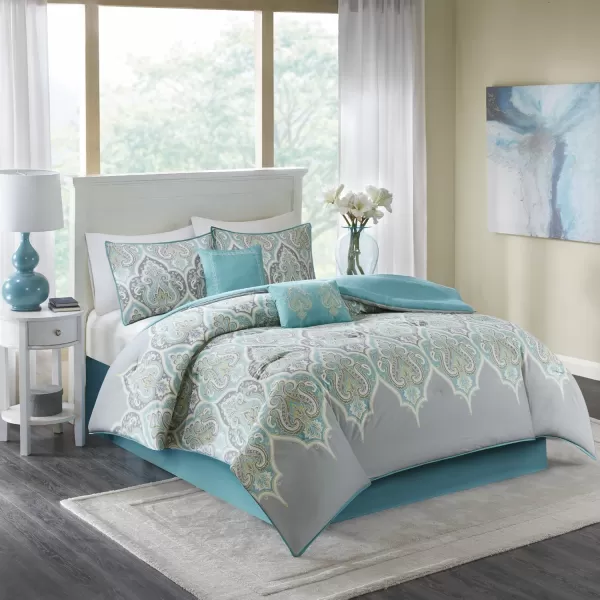 Comfort Spaces Cozy Comforter SetModern Classic Design All Season Down Alternative Bedding Matching Shams Bedskirt Decorative Pillows Queen Kashmir Paisley Purple 8 PieceMona GreyTeal