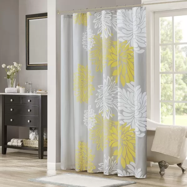 Comfort Spaces Enya Bathroom Shower Floral Printed Cute Chic Microfiber Fabric Bath Curtains 72quotx72quot AquaGreyYellowGrey