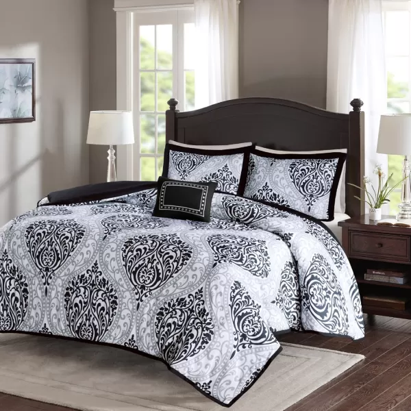 Comfort Spaces Enya Comforter SetModern Floral Design All Season Down Alternative Bedding Matching Shams Bedskirt Decorative Pillows Queen 90quotx90quot PurpleBlackWhite