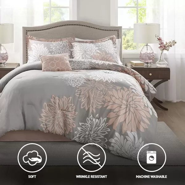 Comfort Spaces Enya Comforter SetModern Floral Design All Season Down Alternative Bedding Matching Shams Bedskirt Decorative Pillows Queen 90quotx90quot PurpleBlushGrey