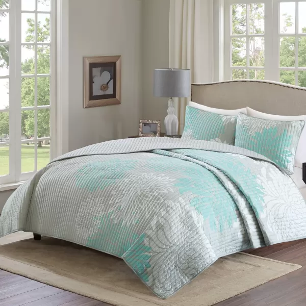 Comfort Spaces Enya Quilt Set  Casual Floral Print Channel Stitching Design All Season Lightweight Coverlet Cozy Bedding Matching Shams Decorative Pillows FullQueen90quotx90quot Purple 3 PieceAquaGrey