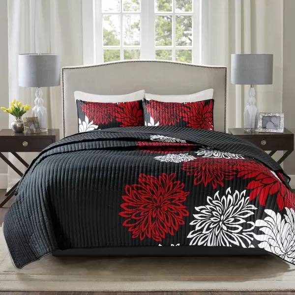 Comfort Spaces Enya Quilt Set  Casual Floral Print Channel Stitching Design All Season Lightweight Coverlet Cozy Bedding Matching Shams Decorative Pillows FullQueen90quotx90quot Purple 3 PieceRedBlack