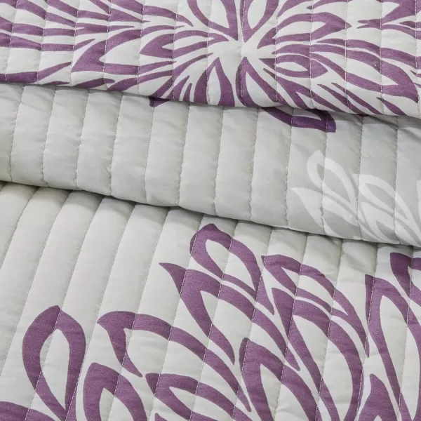 Comfort Spaces Enya Quilt Set  Casual Floral Print Channel Stitching Design All Season Lightweight Coverlet Cozy Bedding Matching Shams Decorative Pillows FullQueen90quotx90quot Purple 3 PiecePurpleGrey