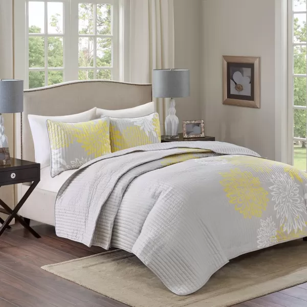 Comfort Spaces Enya Quilt Set  Casual Floral Print Channel Stitching Design All Season Lightweight Coverlet Cozy Bedding Matching Shams Decorative Pillows FullQueen90quotx90quot Purple 3 PieceYellowGrey