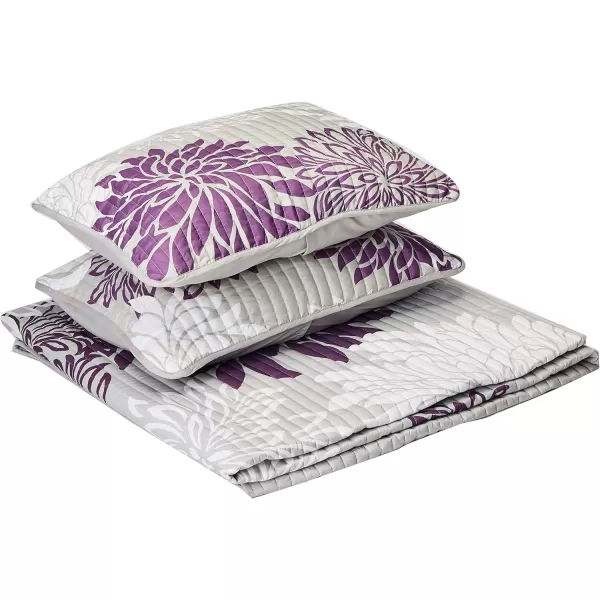 Comfort Spaces Enya Quilt Set  Casual Floral Print Channel Stitching Design All Season Lightweight Coverlet Cozy Bedding Matching Shams Decorative Pillows FullQueen90quotx90quot Purple 3 PiecePurpleGrey
