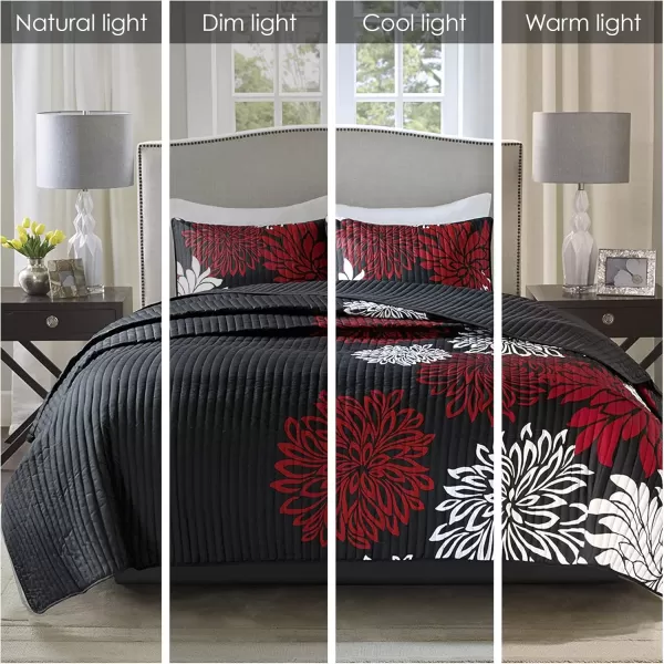 Comfort Spaces Enya Quilt Set  Casual Floral Print Channel Stitching Design All Season Lightweight Coverlet Cozy Bedding Matching Shams Decorative Pillows FullQueen90quotx90quot Purple 3 PieceRedBlack