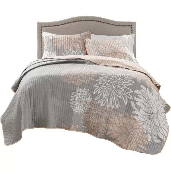 Comfort Spaces Enya Quilt Set  Casual Floral Print Channel Stitching Design All Season Lightweight Coverlet Cozy Bedding Matching Shams Decorative Pillows FullQueen90quotx90quot Purple 3 PieceBlushGrey