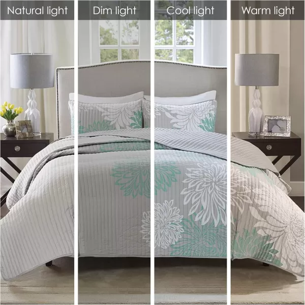 Comfort Spaces Enya Quilt Set  Casual Floral Print Channel Stitching Design All Season Lightweight Coverlet Cozy Bedding Matching Shams Decorative Pillows FullQueen90quotx90quot Purple 3 PieceAquaGrey