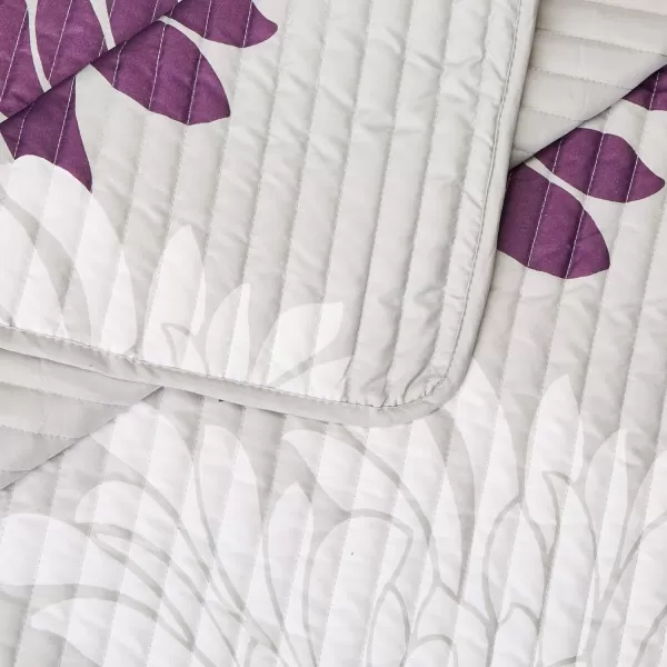 Comfort Spaces Enya Quilt Set  Casual Floral Print Channel Stitching Design All Season Lightweight Coverlet Cozy Bedding Matching Shams Decorative Pillows FullQueen90quotx90quot Purple 3 PiecePurpleGrey