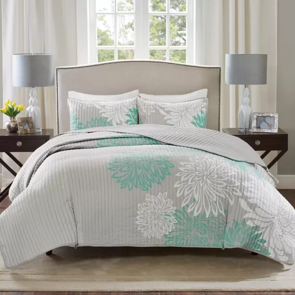 Comfort Spaces Enya Quilt Set  Casual Floral Print Channel Stitching Design All Season Lightweight Coverlet Cozy Bedding Matching Shams Decorative Pillows FullQueen90quotx90quot Purple 3 PieceAquaGrey