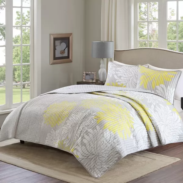 Comfort Spaces Enya Quilt Set  Casual Floral Print Channel Stitching Design All Season Lightweight Coverlet Cozy Bedding Matching Shams Decorative Pillows FullQueen90quotx90quot Purple 3 PieceYellowGrey
