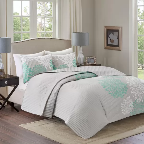 Comfort Spaces Enya Quilt Set  Casual Floral Print Channel Stitching Design All Season Lightweight Coverlet Cozy Bedding Matching Shams Decorative Pillows FullQueen90quotx90quot Purple 3 PieceAquaGrey