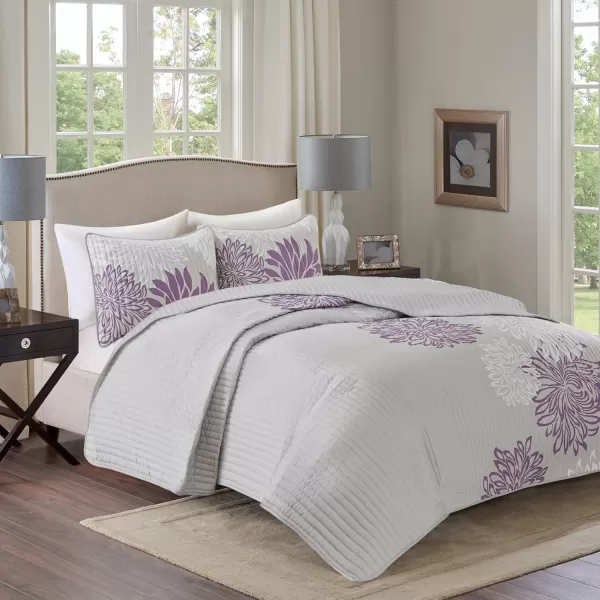 Comfort Spaces Enya Quilt Set  Casual Floral Print Channel Stitching Design All Season Lightweight Coverlet Cozy Bedding Matching Shams Decorative Pillows FullQueen90quotx90quot Purple 3 PiecePurpleGrey
