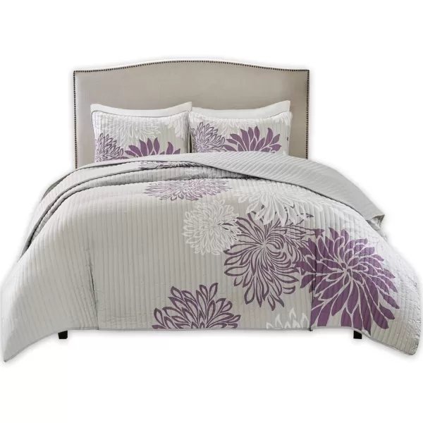 Comfort Spaces Enya Quilt Set  Casual Floral Print Channel Stitching Design All Season Lightweight Coverlet Cozy Bedding Matching Shams Decorative Pillows FullQueen90quotx90quot Purple 3 PiecePurpleGrey