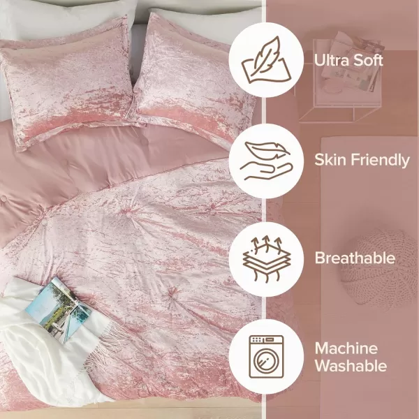 Comfort Spaces Juliette Luxe Comforter Set Velvet Lush with Soft Brushed Microfiber Reverse All Season Cozy Velvet Bedding Sets Fluffy Comforter Bed Set Matching Sham Blush FullQueen 3 PieceBlush Comforter