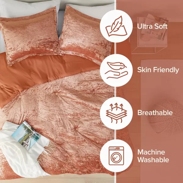 Comfort Spaces Juliette Luxe Comforter Set Velvet Lush with Soft Brushed Microfiber Reverse All Season Cozy Velvet Bedding Sets Fluffy Comforter Bed Set Matching Sham Blush FullQueen 3 PieceBurnt Orange Comforter