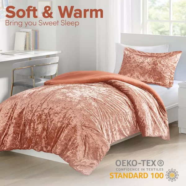Comfort Spaces Juliette Luxe Comforter Set Velvet Lush with Soft Brushed Microfiber Reverse All Season Cozy Velvet Bedding Sets Fluffy Comforter Bed Set Matching Sham Blush FullQueen 3 PieceBurnt Orange Comforter