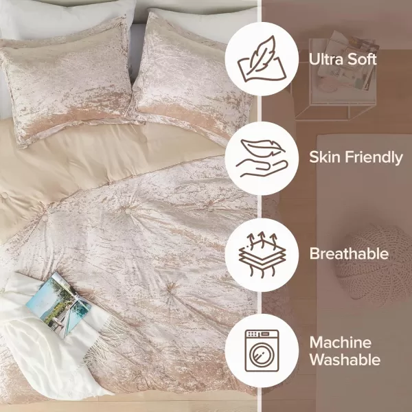 Comfort Spaces Juliette Luxe Comforter Set Velvet Lush with Soft Brushed Microfiber Reverse All Season Cozy Velvet Bedding Sets Fluffy Comforter Bed Set Matching Sham Blush FullQueen 3 PieceChampagne Comforter