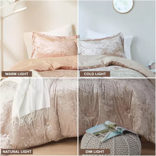 Comfort Spaces Juliette Luxe Comforter Set Velvet Lush with Soft Brushed Microfiber Reverse All Season Cozy Velvet Bedding Sets Fluffy Comforter Bed Set Matching Sham Blush FullQueen 3 PieceChampagne Comforter
