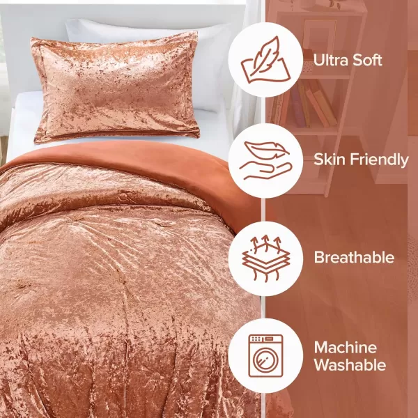 Comfort Spaces Juliette Luxe Comforter Set Velvet Lush with Soft Brushed Microfiber Reverse All Season Cozy Velvet Bedding Sets Fluffy Comforter Bed Set Matching Sham Blush FullQueen 3 PieceBurnt Orange Comforter