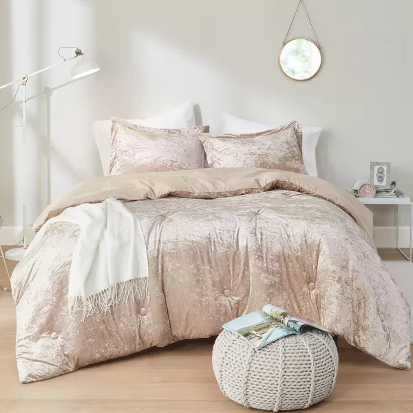 Comfort Spaces Juliette Luxe Comforter Set Velvet Lush with Soft Brushed Microfiber Reverse All Season Cozy Velvet Bedding Sets Fluffy Comforter Bed Set Matching Sham Blush FullQueen 3 PieceChampagne Comforter