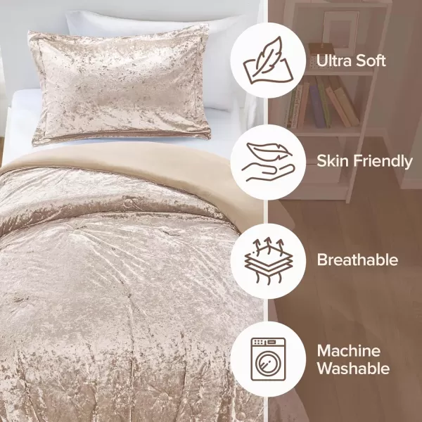 Comfort Spaces Juliette Luxe Comforter Set Velvet Lush with Soft Brushed Microfiber Reverse All Season Cozy Velvet Bedding Sets Fluffy Comforter Bed Set Matching Sham Blush FullQueen 3 PieceChampagne Comforter