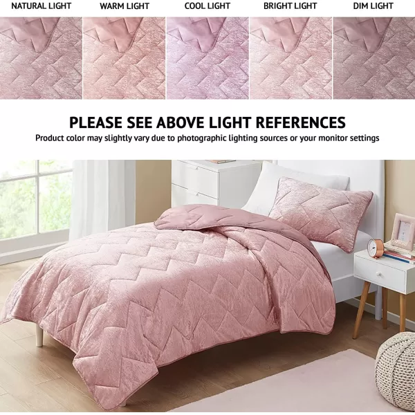 Comfort Spaces Juliette Luxe Comforter Set Velvet Lush with Soft Brushed Microfiber Reverse All Season Cozy Velvet Bedding Sets Fluffy Comforter Bed Set Matching Sham Blush FullQueen 3 PieceBlush Quilt