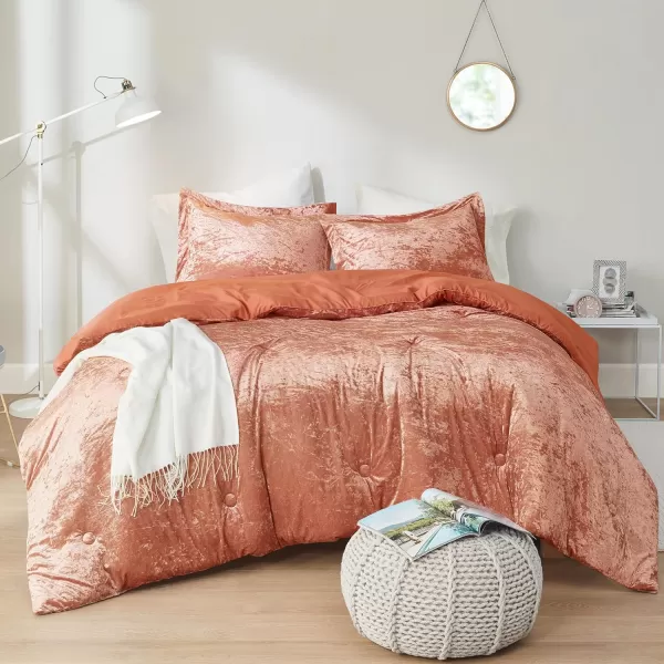 Comfort Spaces Juliette Luxe Comforter Set Velvet Lush with Soft Brushed Microfiber Reverse All Season Cozy Velvet Bedding Sets Fluffy Comforter Bed Set Matching Sham Blush FullQueen 3 PieceBurnt Orange Comforter