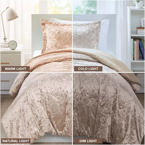 Comfort Spaces Juliette Luxe Comforter Set Velvet Lush with Soft Brushed Microfiber Reverse All Season Cozy Velvet Bedding Sets Fluffy Comforter Bed Set Matching Sham Blush FullQueen 3 PieceChampagne Comforter