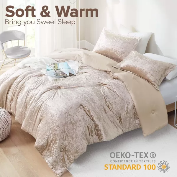 Comfort Spaces Juliette Luxe Comforter Set Velvet Lush with Soft Brushed Microfiber Reverse All Season Cozy Velvet Bedding Sets Fluffy Comforter Bed Set Matching Sham Blush FullQueen 3 PieceChampagne Comforter