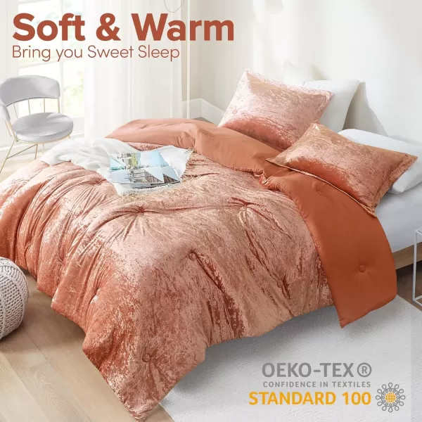 Comfort Spaces Juliette Luxe Comforter Set Velvet Lush with Soft Brushed Microfiber Reverse All Season Cozy Velvet Bedding Sets Fluffy Comforter Bed Set Matching Sham Blush FullQueen 3 PieceBurnt Orange Comforter