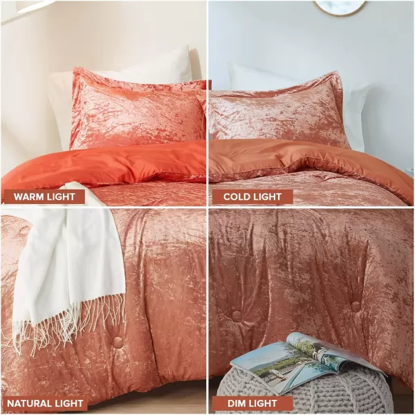 Comfort Spaces Juliette Luxe Comforter Set Velvet Lush with Soft Brushed Microfiber Reverse All Season Cozy Velvet Bedding Sets Fluffy Comforter Bed Set Matching Sham Blush FullQueen 3 PieceBurnt Orange Comforter