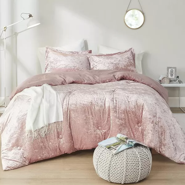 Comfort Spaces Juliette Luxe Comforter Set Velvet Lush with Soft Brushed Microfiber Reverse All Season Cozy Velvet Bedding Sets Fluffy Comforter Bed Set Matching Sham Blush FullQueen 3 PieceBlush Comforter