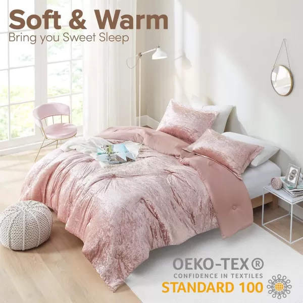 Comfort Spaces Juliette Luxe Comforter Set Velvet Lush with Soft Brushed Microfiber Reverse All Season Cozy Velvet Bedding Sets Fluffy Comforter Bed Set Matching Sham Blush FullQueen 3 PieceBlush Comforter