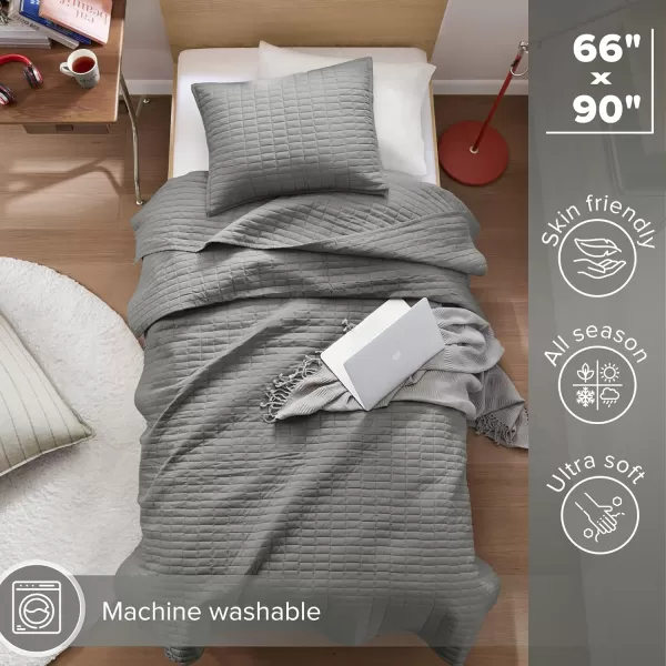 Comfort Spaces Kienna Quilt SetLuxury Double Sided Stitching Design Summer Blanket Lightweight Soft All Season Bedding Layer Matching Sham Blue Coverlet TwinTwin XL66quotx90quot 2 PieceCharcoal Grey