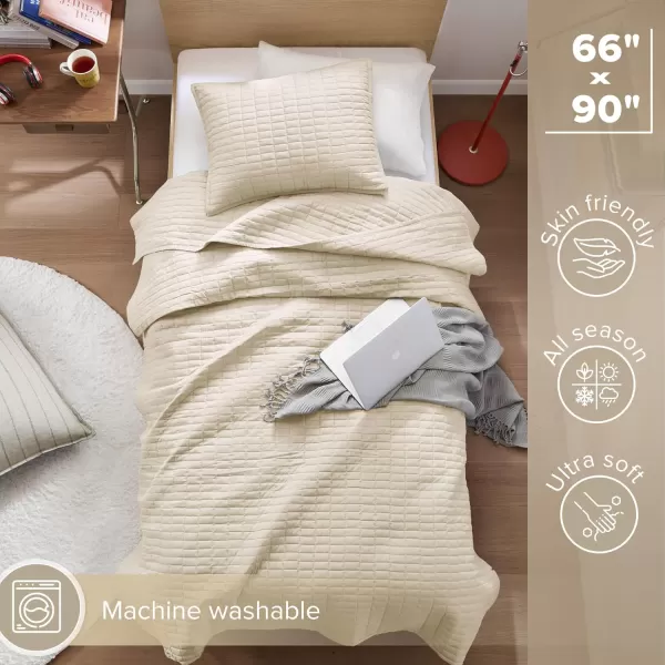 Comfort Spaces Kienna Quilt SetLuxury Double Sided Stitching Design Summer Blanket Lightweight Soft All Season Bedding Layer Matching Sham Blue Coverlet TwinTwin XL66quotx90quot 2 PieceIvory