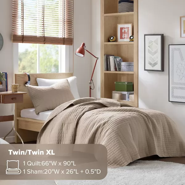 Comfort Spaces Kienna Quilt SetLuxury Double Sided Stitching Design Summer Blanket Lightweight Soft All Season Bedding Layer Matching Sham Blue Coverlet TwinTwin XL66quotx90quot 2 PieceTaupe