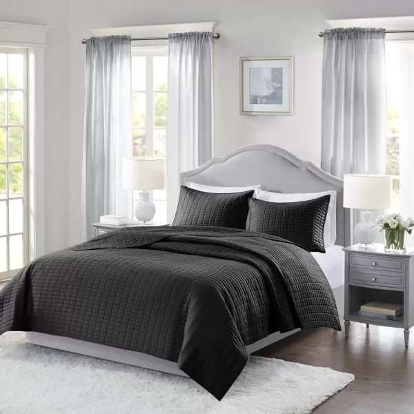 Comfort Spaces Kienna Quilt SetLuxury Double Sided Stitching Design Summer Blanket Lightweight Soft All Season Bedding Layer Matching Sham Blue Coverlet TwinTwin XL66quotx90quot 2 PieceBlack