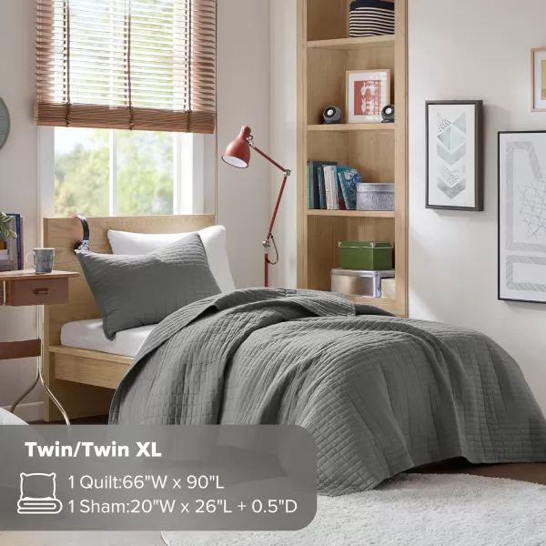 Comfort Spaces Kienna Quilt SetLuxury Double Sided Stitching Design Summer Blanket Lightweight Soft All Season Bedding Layer Matching Sham Blue Coverlet TwinTwin XL66quotx90quot 2 PieceCharcoal Grey