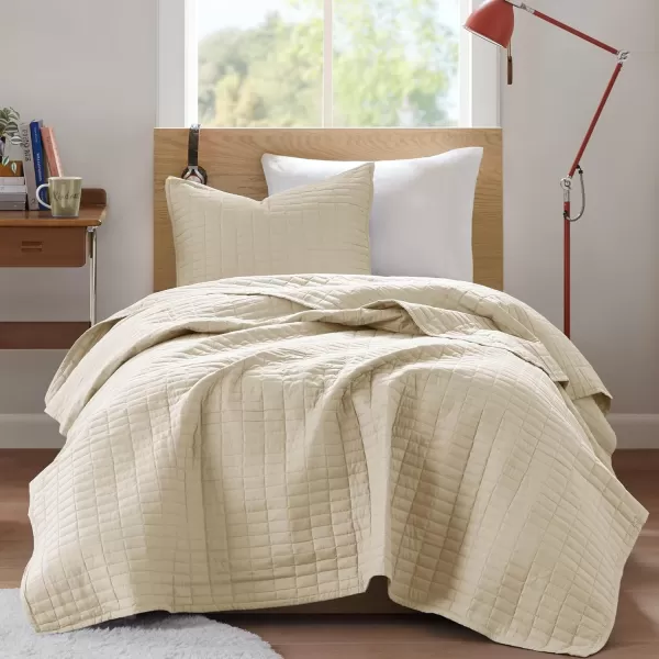 Comfort Spaces Kienna Quilt SetLuxury Double Sided Stitching Design Summer Blanket Lightweight Soft All Season Bedding Layer Matching Sham Blue Coverlet TwinTwin XL66quotx90quot 2 PieceIvory