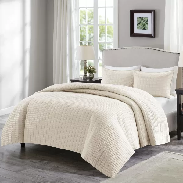 Comfort Spaces Kienna Quilt SetLuxury Double Sided Stitching Design Summer Blanket Lightweight Soft All Season Bedding Layer Matching Sham Blue Coverlet TwinTwin XL66quotx90quot 2 PieceIvory