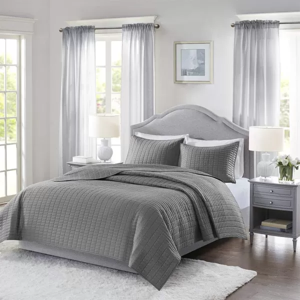 Comfort Spaces Kienna Quilt SetLuxury Double Sided Stitching Design Summer Blanket Lightweight Soft All Season Bedding Layer Matching Sham Blue Coverlet TwinTwin XL66quotx90quot 2 PieceCharcoal Grey