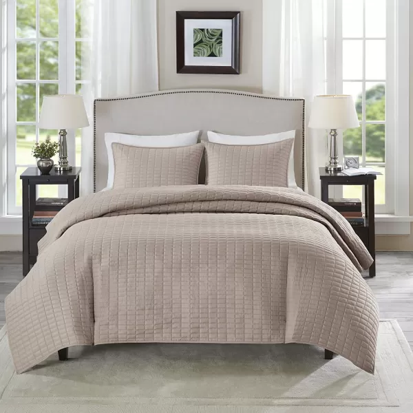 Comfort Spaces Kienna Quilt SetLuxury Double Sided Stitching Design Summer Blanket Lightweight Soft All Season Bedding Layer Matching Sham Blue Coverlet TwinTwin XL66quotx90quot 2 PieceTaupe