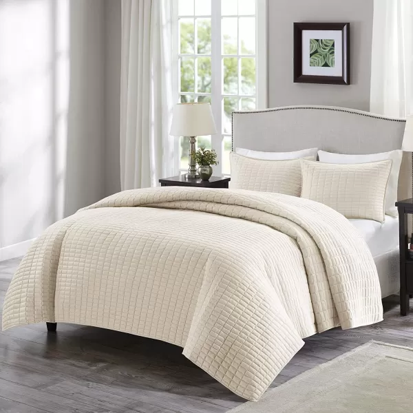 Comfort Spaces Kienna Quilt SetLuxury Double Sided Stitching Design Summer Blanket Lightweight Soft All Season Bedding Layer Matching Sham Blue Coverlet TwinTwin XL66quotx90quot 2 PieceIvory